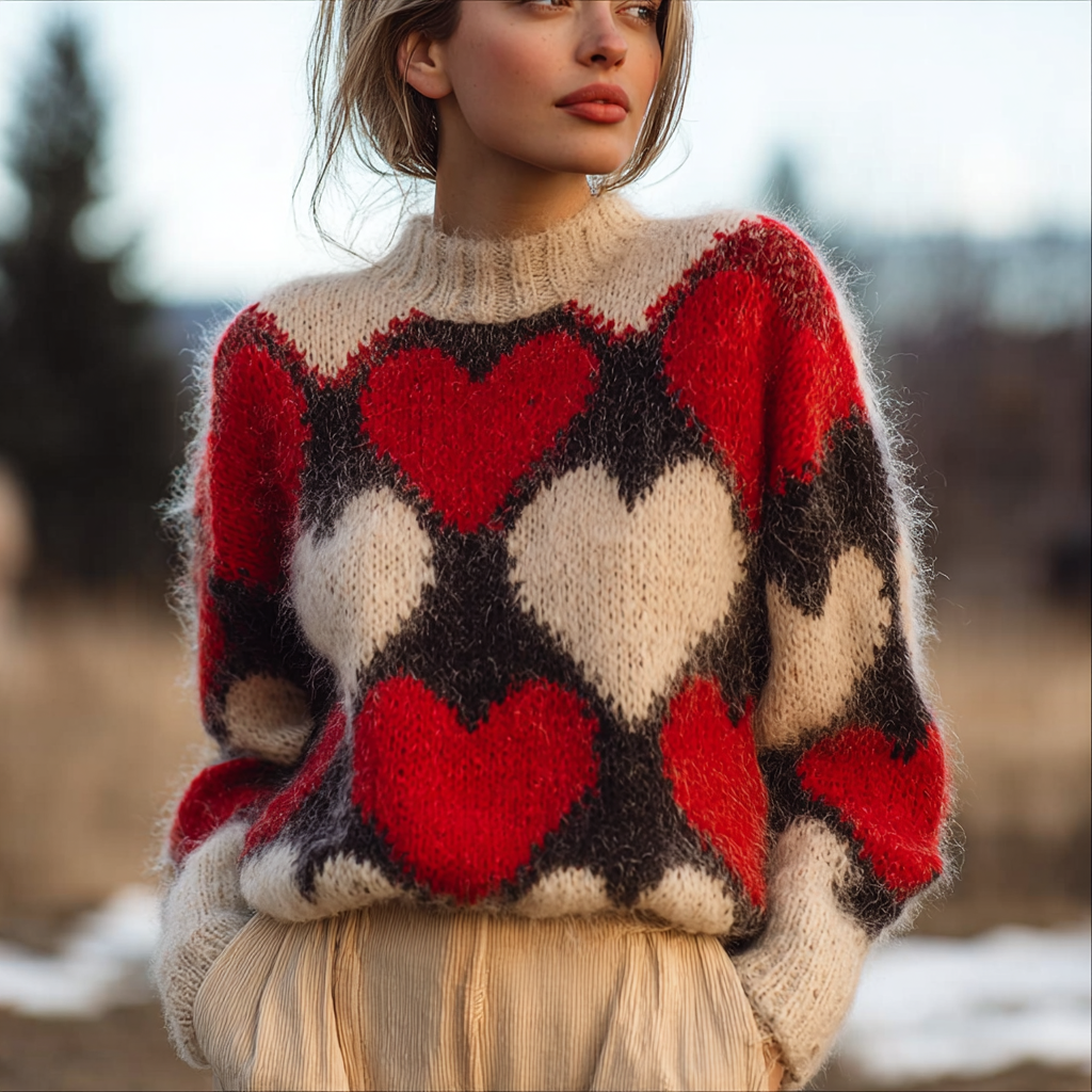Valentine's Day Love Heart Pattern Women's High Neck Sweater