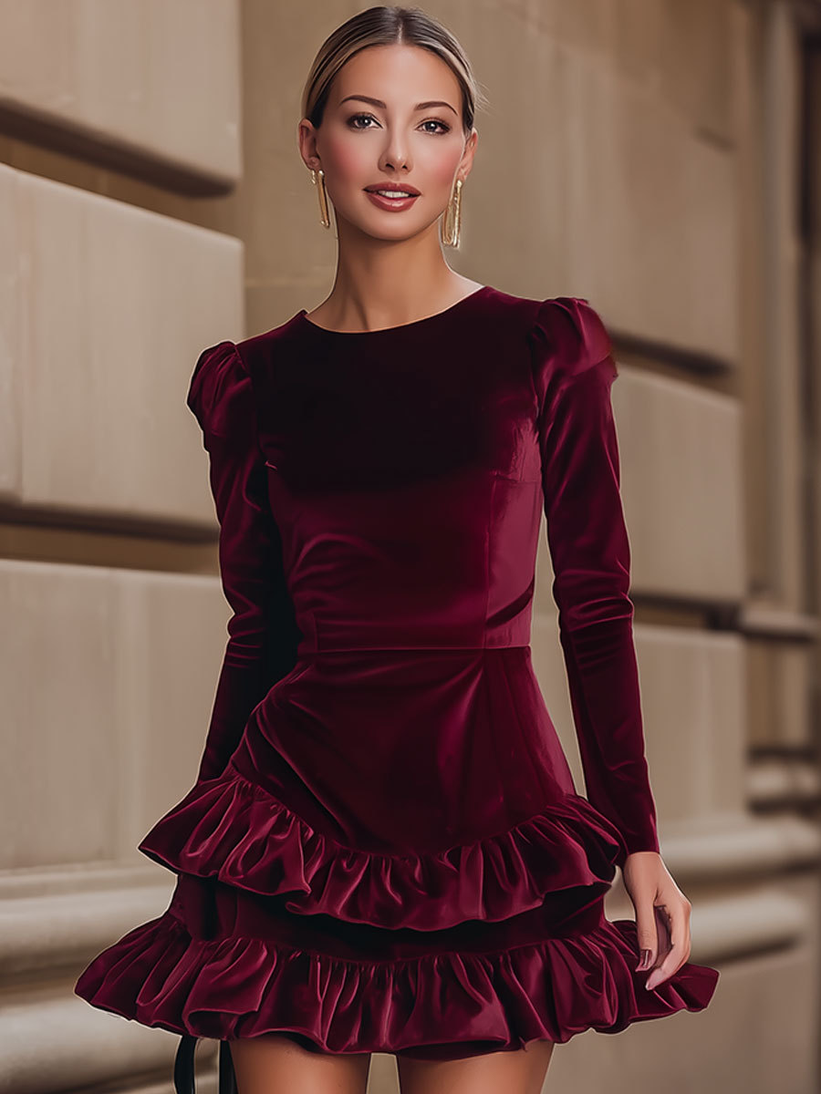 Elegant Burgundy Velvet Ruffle Dress - Perfect For Every Occasion