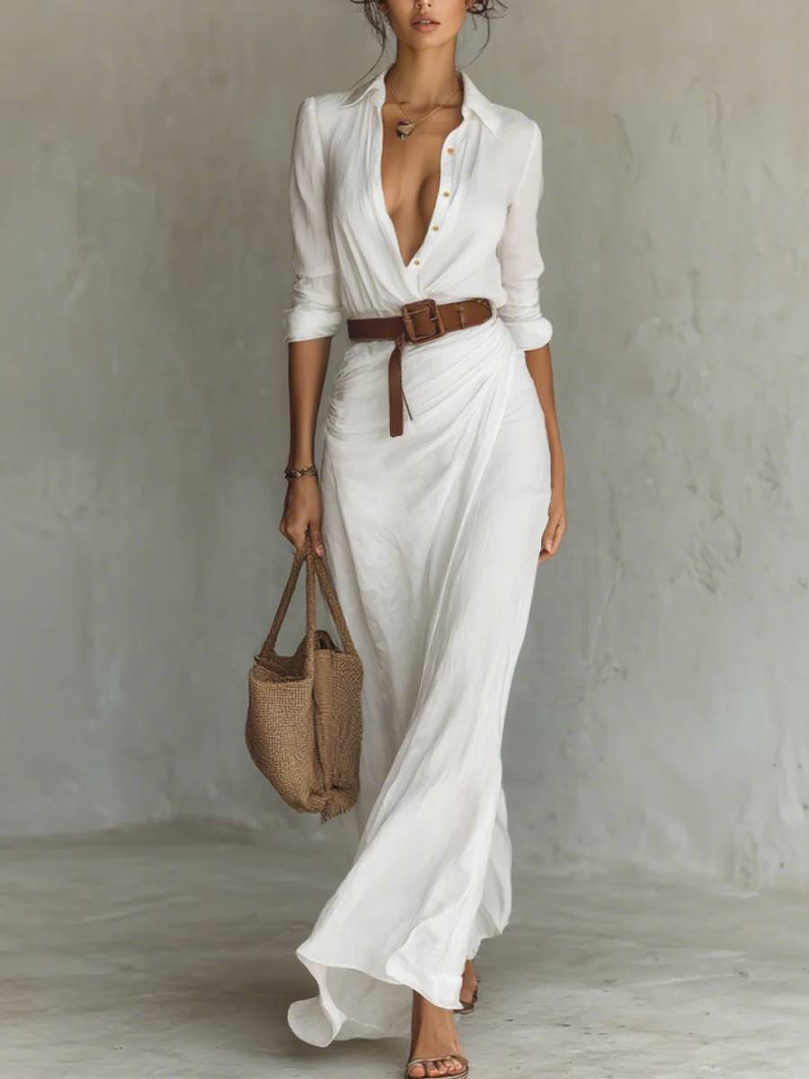 Ladies Lapel Single Breasted Long Sleeve Belted Maxi Dress