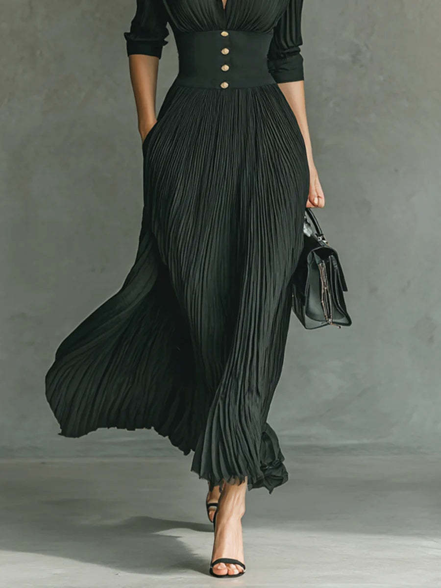 Elegant Pleated Lapel Waisted Long-sleeved Maxi Dress