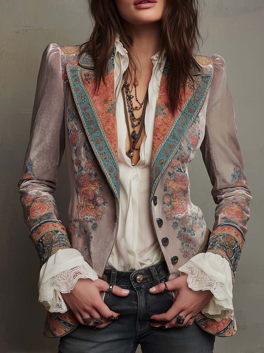 Vintage Button Floral Polyester Velvet Blazer
