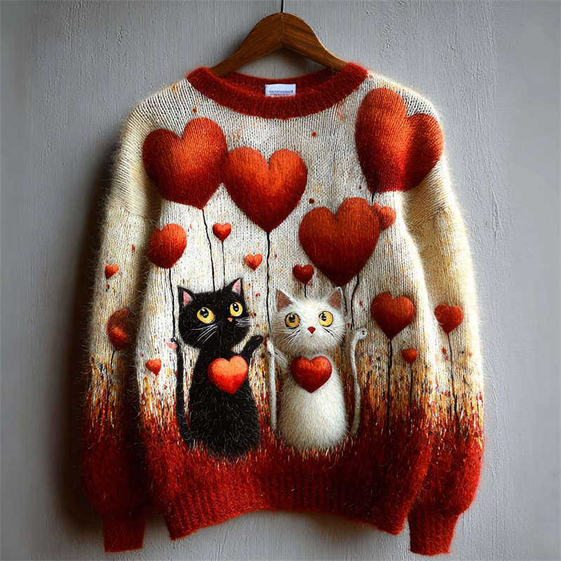 Valentine's Day Cats Lovers & Hearts Contrast Cozy Knit Sweater