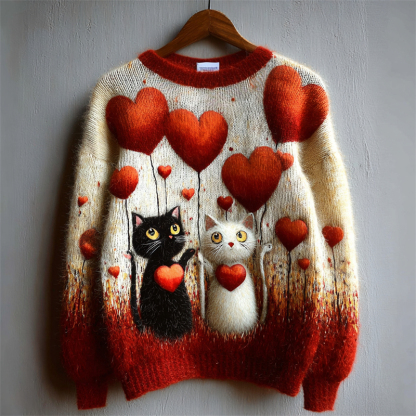 Valentine's Day Cats Lovers & Hearts Contrast Cozy Knit Sweater