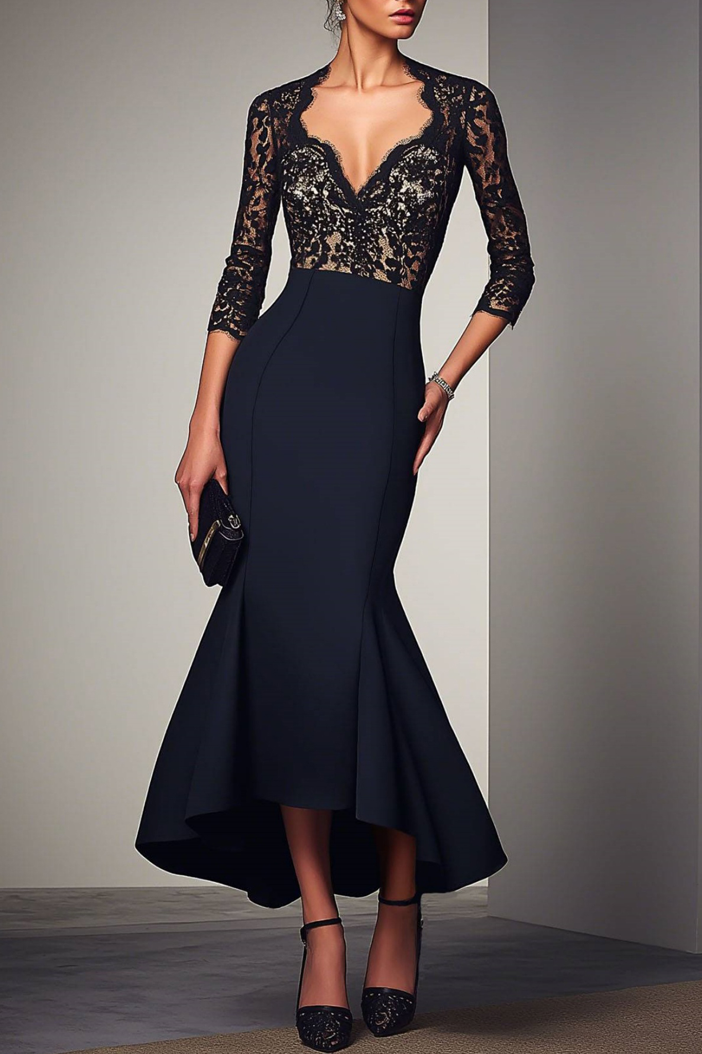 Formal Evening Dress Navy V Neck Lace Mermaid Maxi Dress