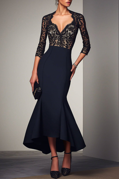 Formal Evening Dress Navy V Neck Lace Mermaid Maxi Dress