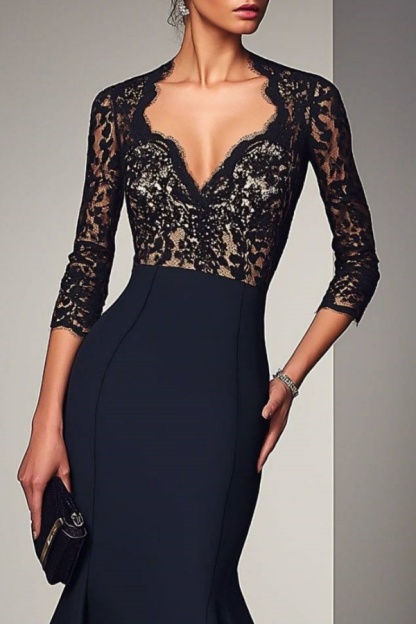 Formal Evening Dress Navy V Neck Lace Mermaid Maxi Dress