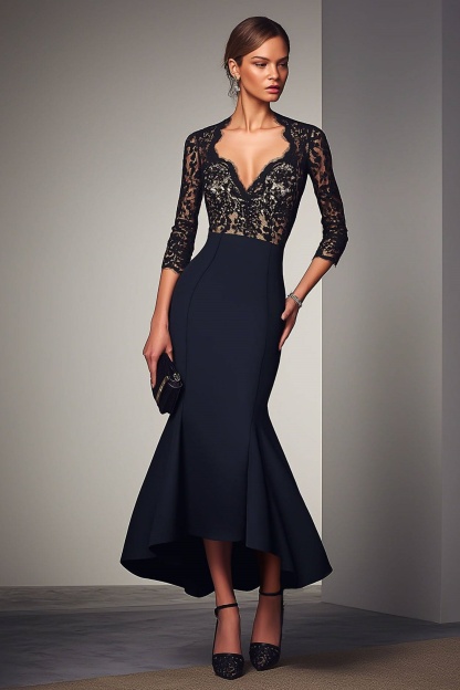 Formal Evening Dress Navy V Neck Lace Mermaid Maxi Dress