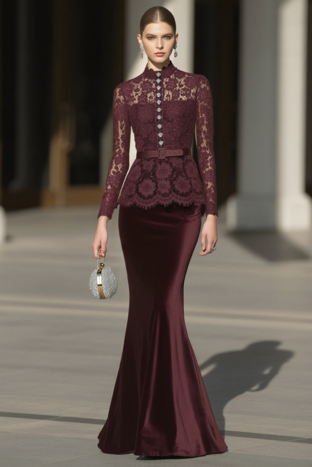 Evening Set Purple Lace Long Sleeve Top with Velvet Mermaid Maxi Skirt