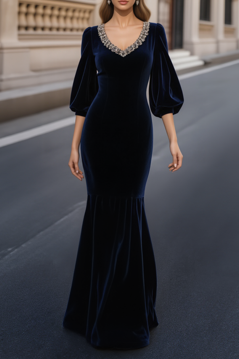 Formal Velvet Dress Navy V Neck Mermaid Maxi Mother of the Bride Dress