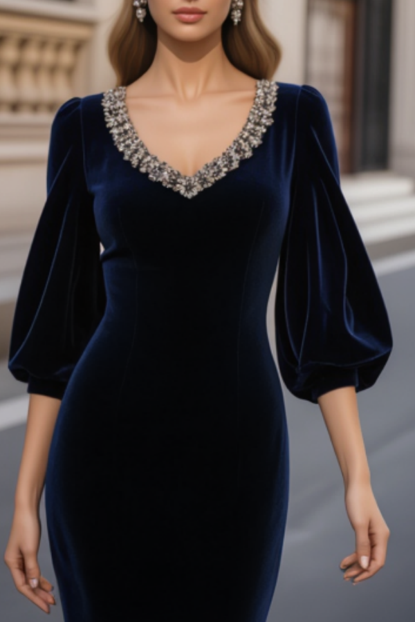 Formal Velvet Dress Navy V Neck Mermaid Maxi Mother of the Bride Dress