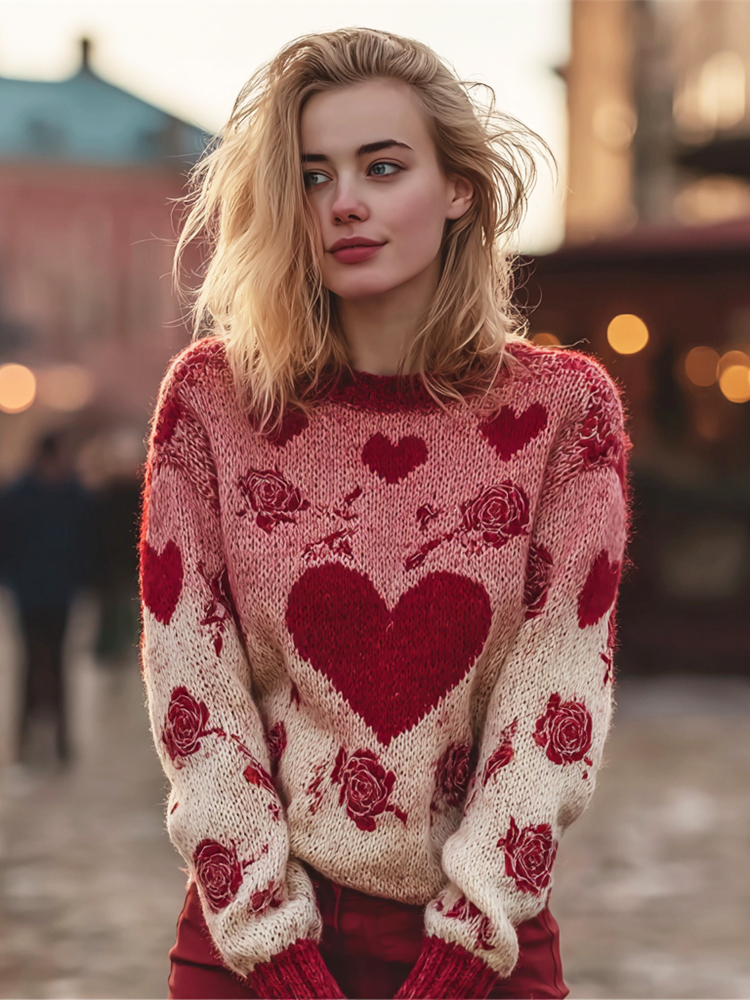 Valentine's Day Heart & Rose Gradient Women's Cozy Sweater