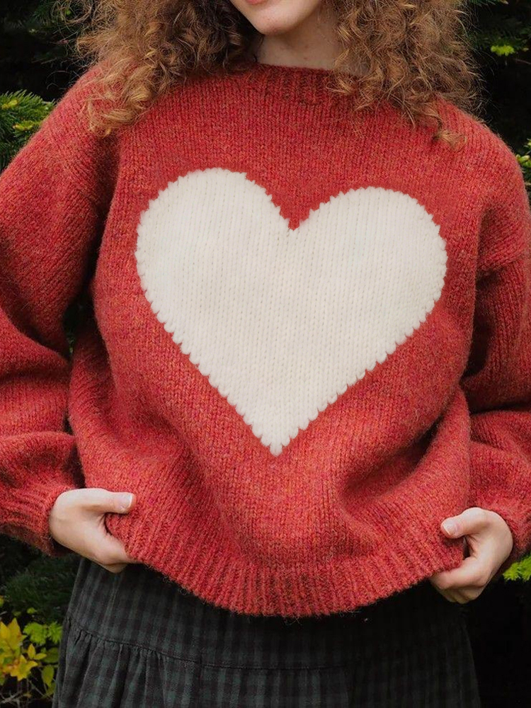 Retro Valentine's Day Heart Pattern Cozy Knit Sweater