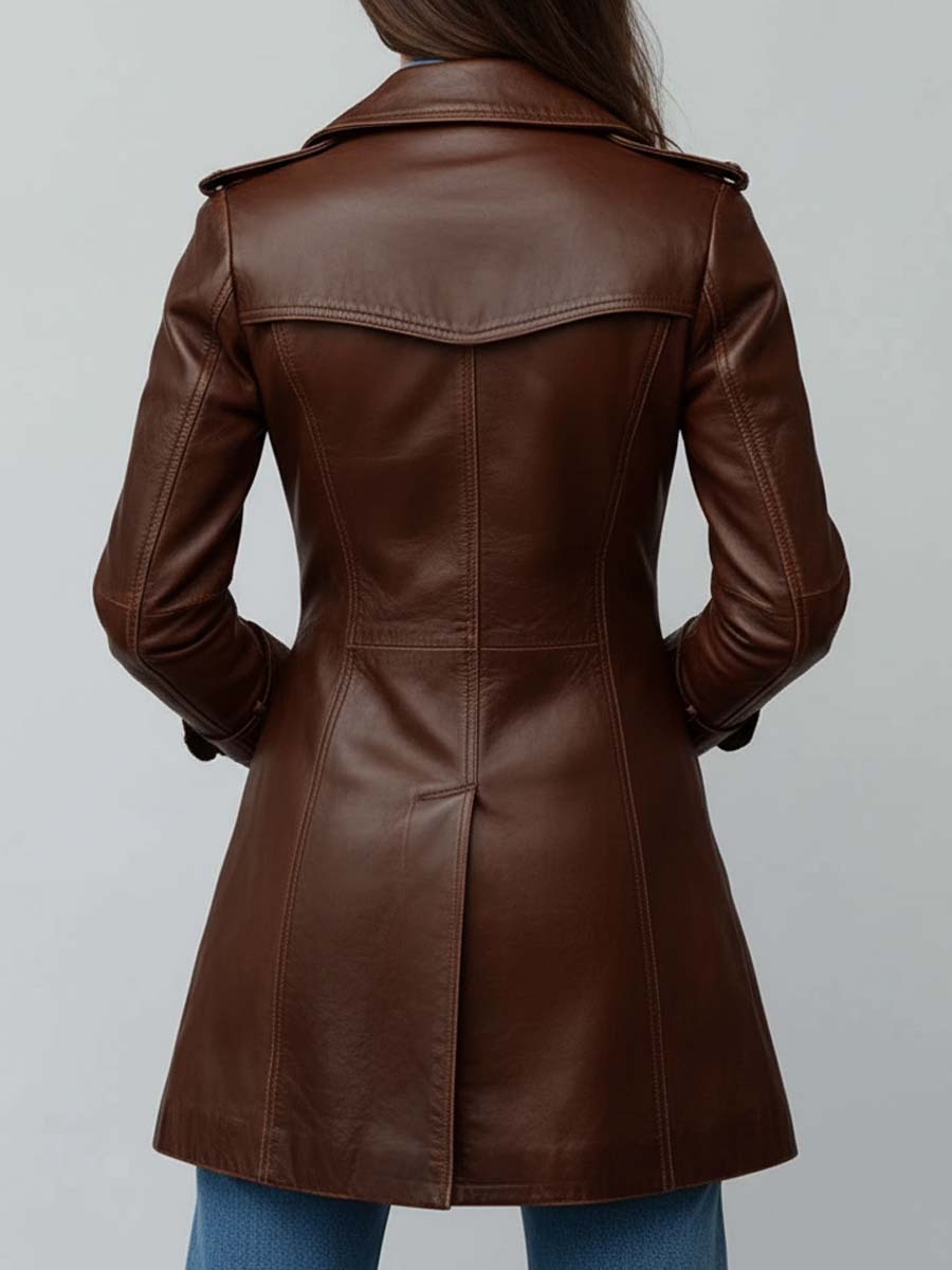 Vintage Brown Leather Double-Breasted Trench Coat