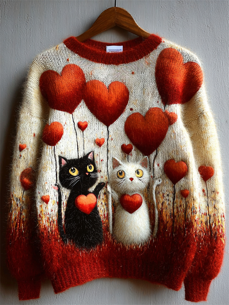 Valentine's Day Cats Lovers & Hearts Contrast Cozy Knit Sweater