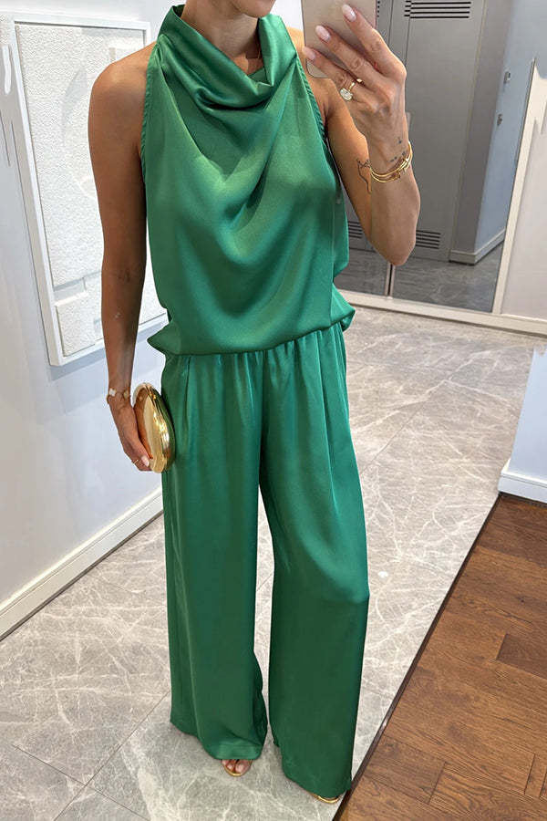 Classic on You Satin High Cowl Neck Top and Elastic Waist Pocket Loose Pants Set