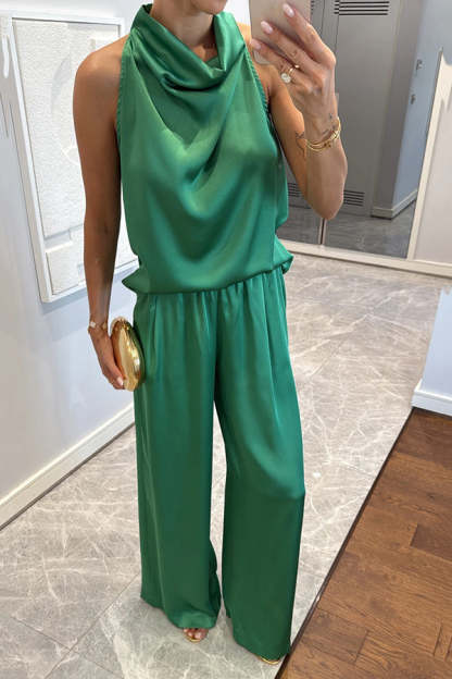 Classic on You Satin High Cowl Neck Top and Elastic Waist Pocket Loose Pants Set