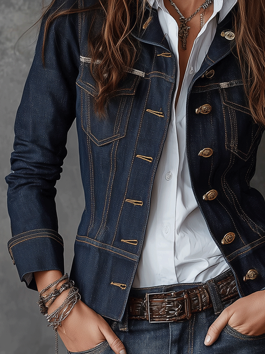 Vintage Dark Wash Denim Military Jacket