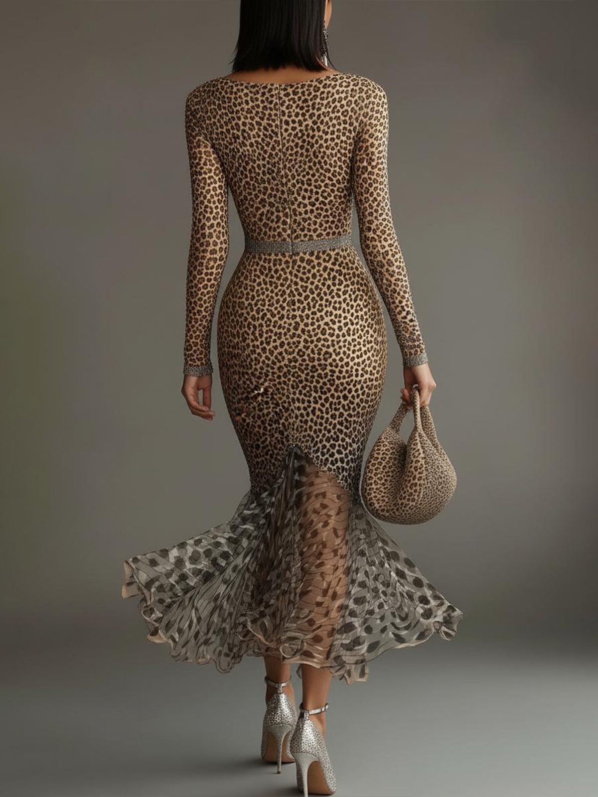 Leopard Print Deep V-Neck Mermaid Dress