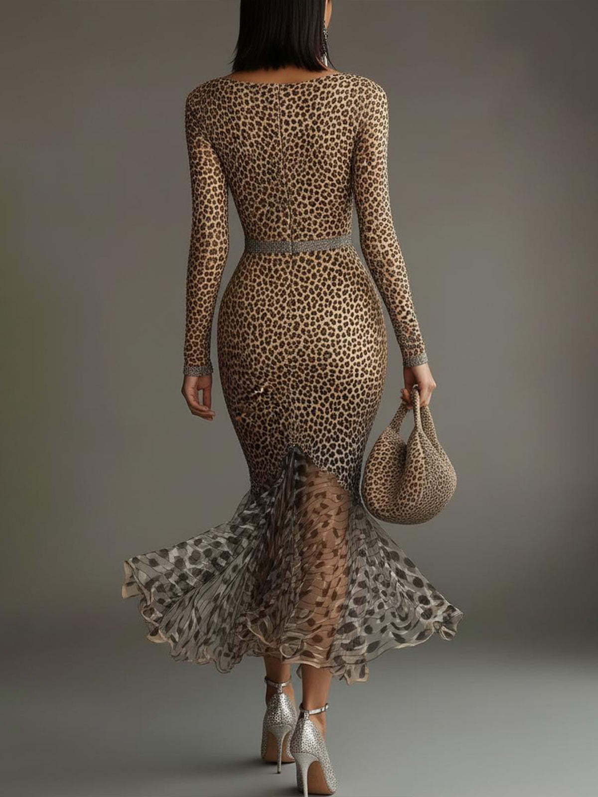 Leopard Print Deep V-Neck Mermaid Dress