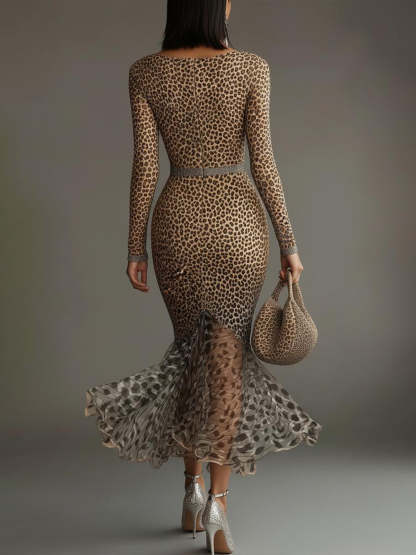 Leopard Print Deep V-Neck Mermaid Dress