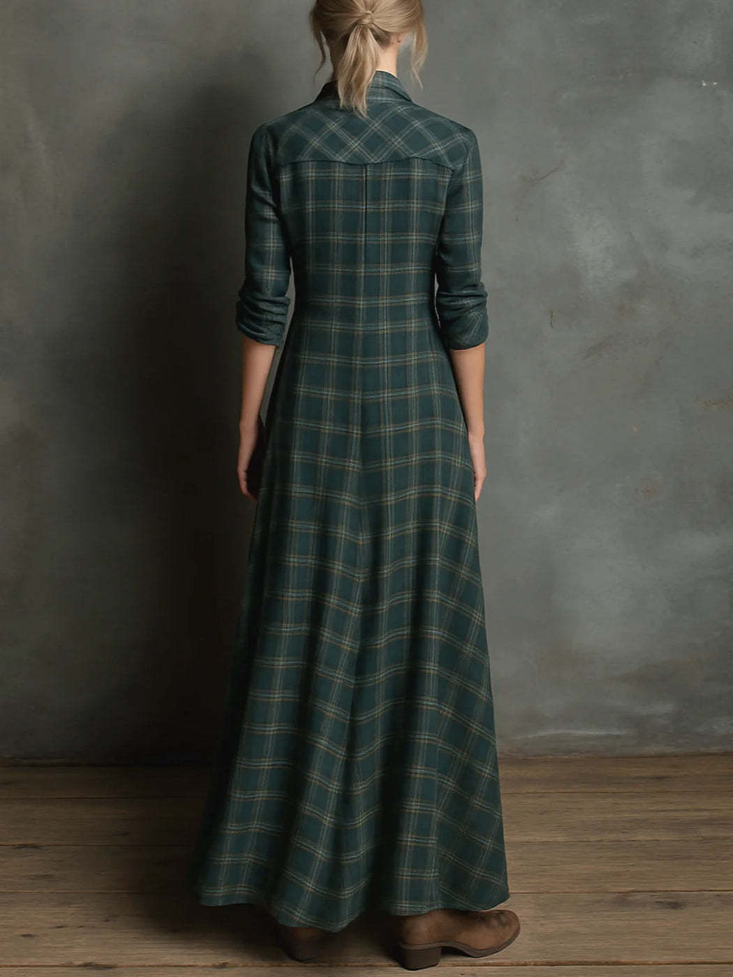 Green Plaid Lapel Single-Breasted Shirt Long Dress