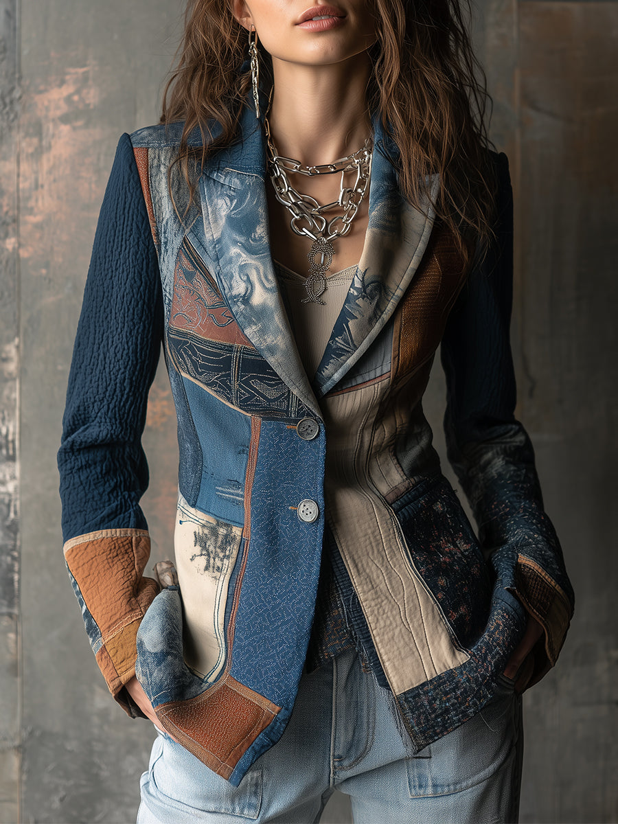 Nomadic Bohemian Style Retro Graphic Patchwork Lapel Blazer