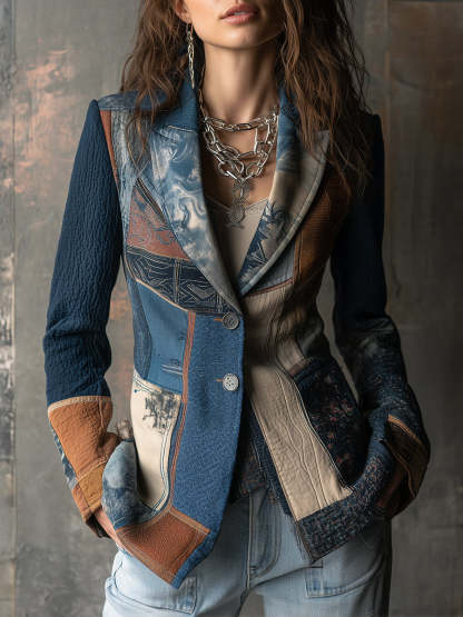 Nomadic Bohemian Style Retro Graphic Patchwork Lapel Blazer