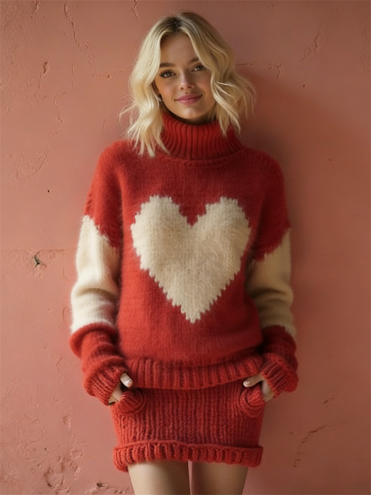 Vintage Valentine's Day Heart Contrast Cozy Knit Sweater
