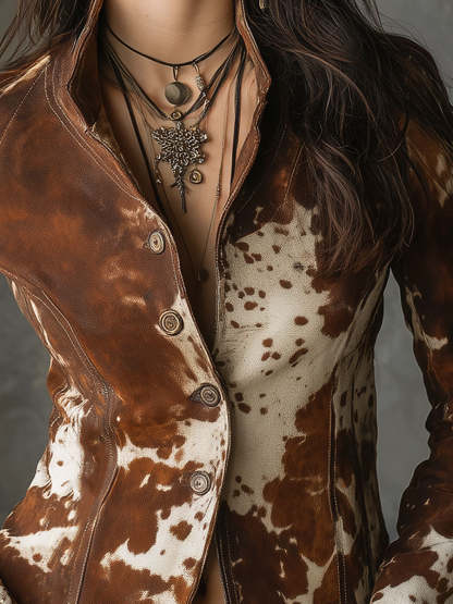 Vintage Stand Collar Suede Cow Print Slim Jacket