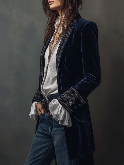 Vintage Navy Velvet Embroidered Long Jacket