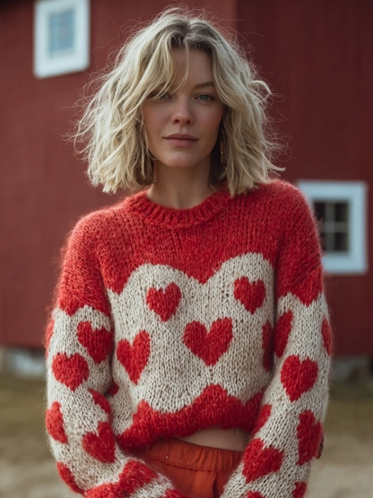 Vintage Valentine's Day Hearts Pattern Cozy Knit Sweater