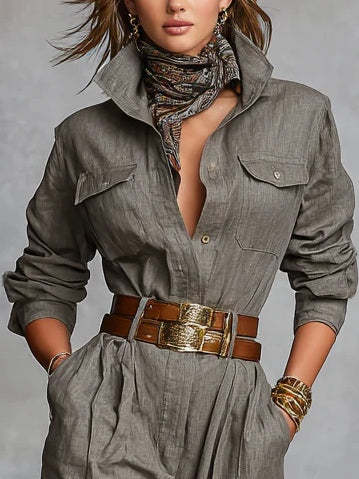 Cotton And Linen Blended Long Sleeve Shirt Jumpsuit