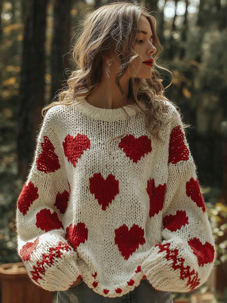 Women's Retro Valentine's Day Hearts Pattern Cozy Knit Sweater
