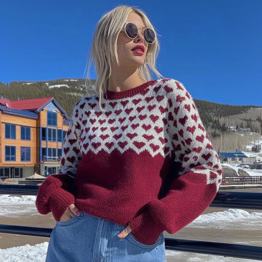 Women's Valentine's Day Heart Pattern Comfortable Knit Sweater