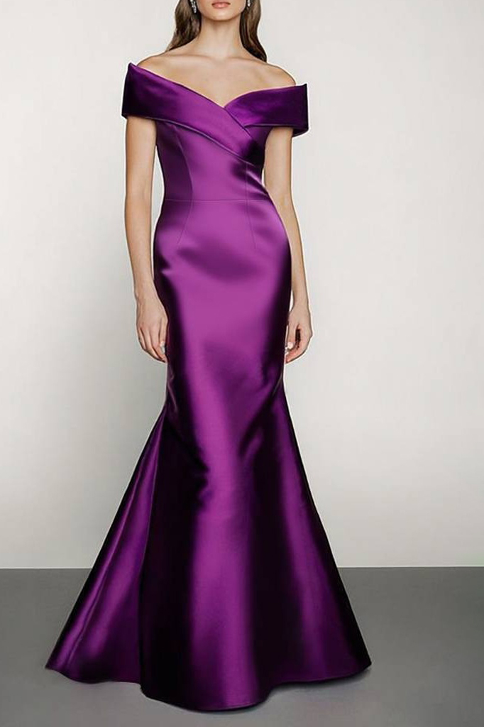 Formal ​Evening Dress Purple Satin Off Shoulder Mermaid Maxi Dress