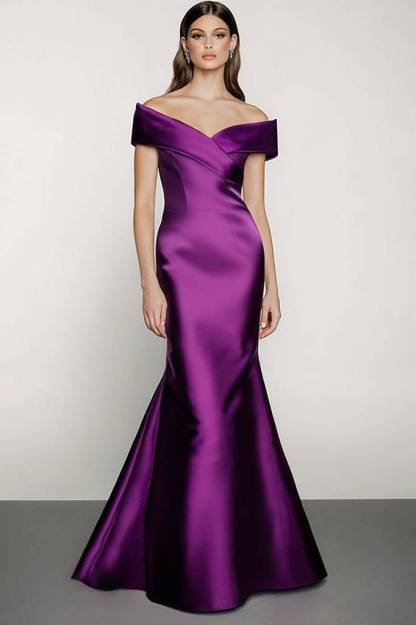 Formal ​Evening Dress Purple Satin Off Shoulder Mermaid Maxi Dress