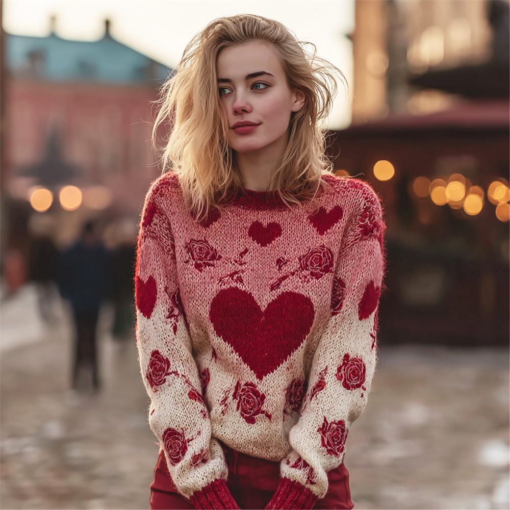 Valentine's Day Heart & Rose Gradient Women's Cozy Sweater