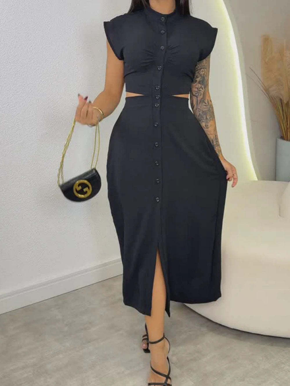 Split Waist Button Midi Dress