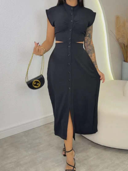 Split Waist Button Midi Dress