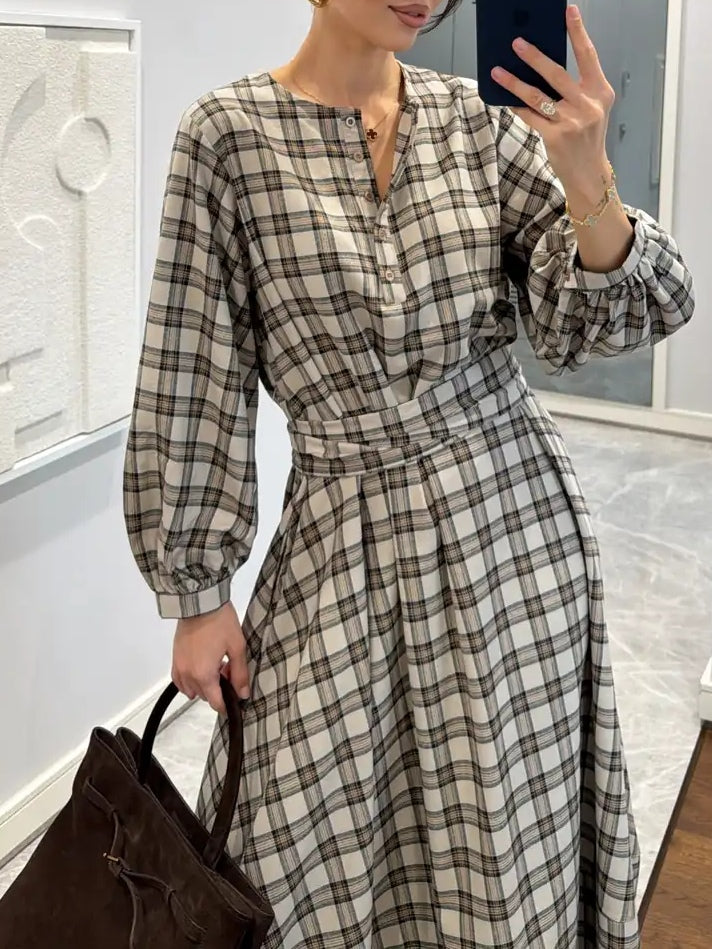 Plaid Patterned Belted Midi Dress