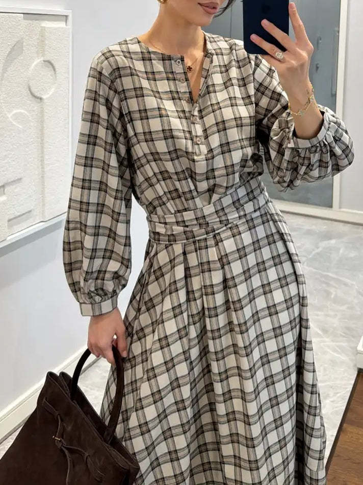 Plaid Patterned Belted Midi Dress