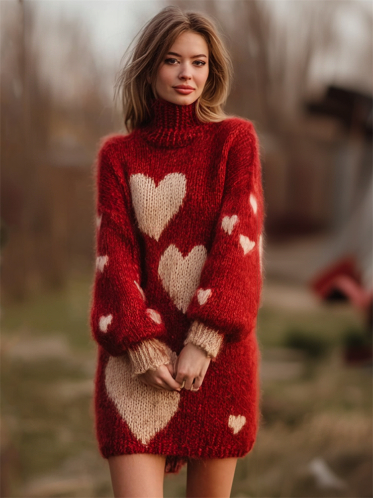 Vintage Valentine's Day Hearts Turtleneck Cozy Knit Sweater Dress