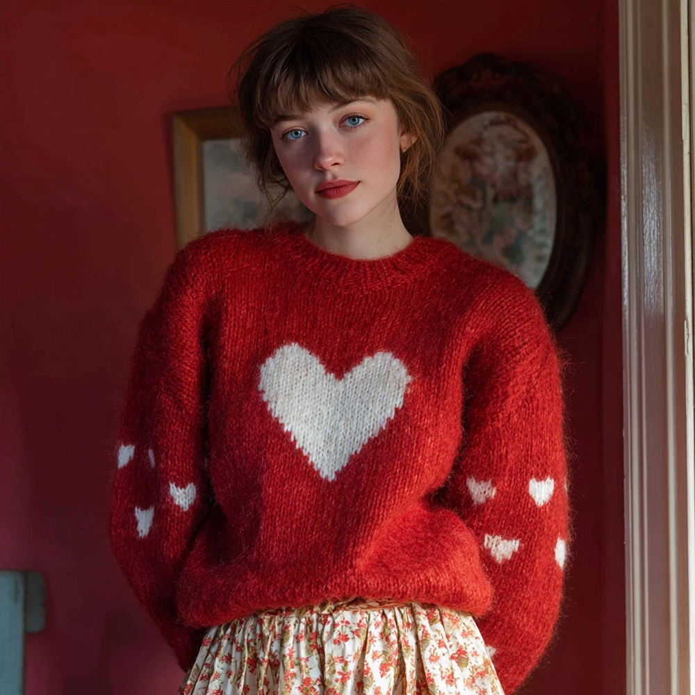 Vintage Valentine's Day Heart Pattern Cozy Knit Sweater