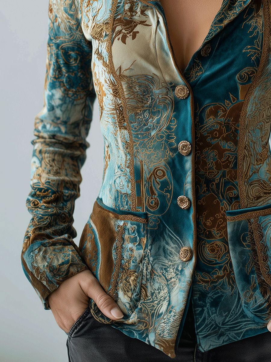 Vintage Baroque Velvet Teal And Gold Tapestry Print Jacket