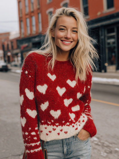 Women's Valentine's Day Heart Pattern Color Block Comfortable Knit Sweater