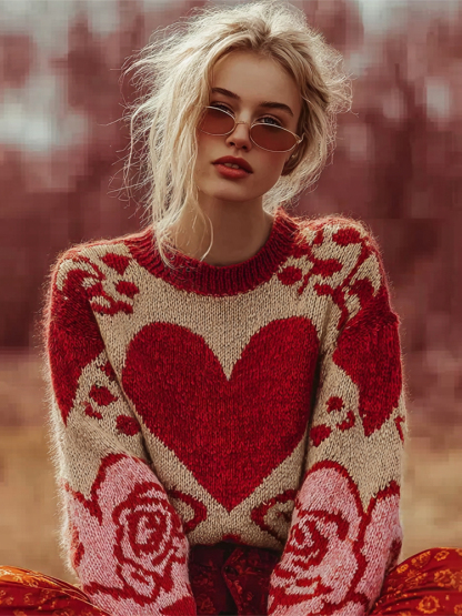 Valentine's Day Love Rose Fun Pattern Women's Cozy Sweater
