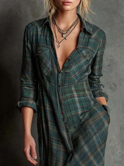 Green Plaid Lapel Single-Breasted Shirt Long Dress
