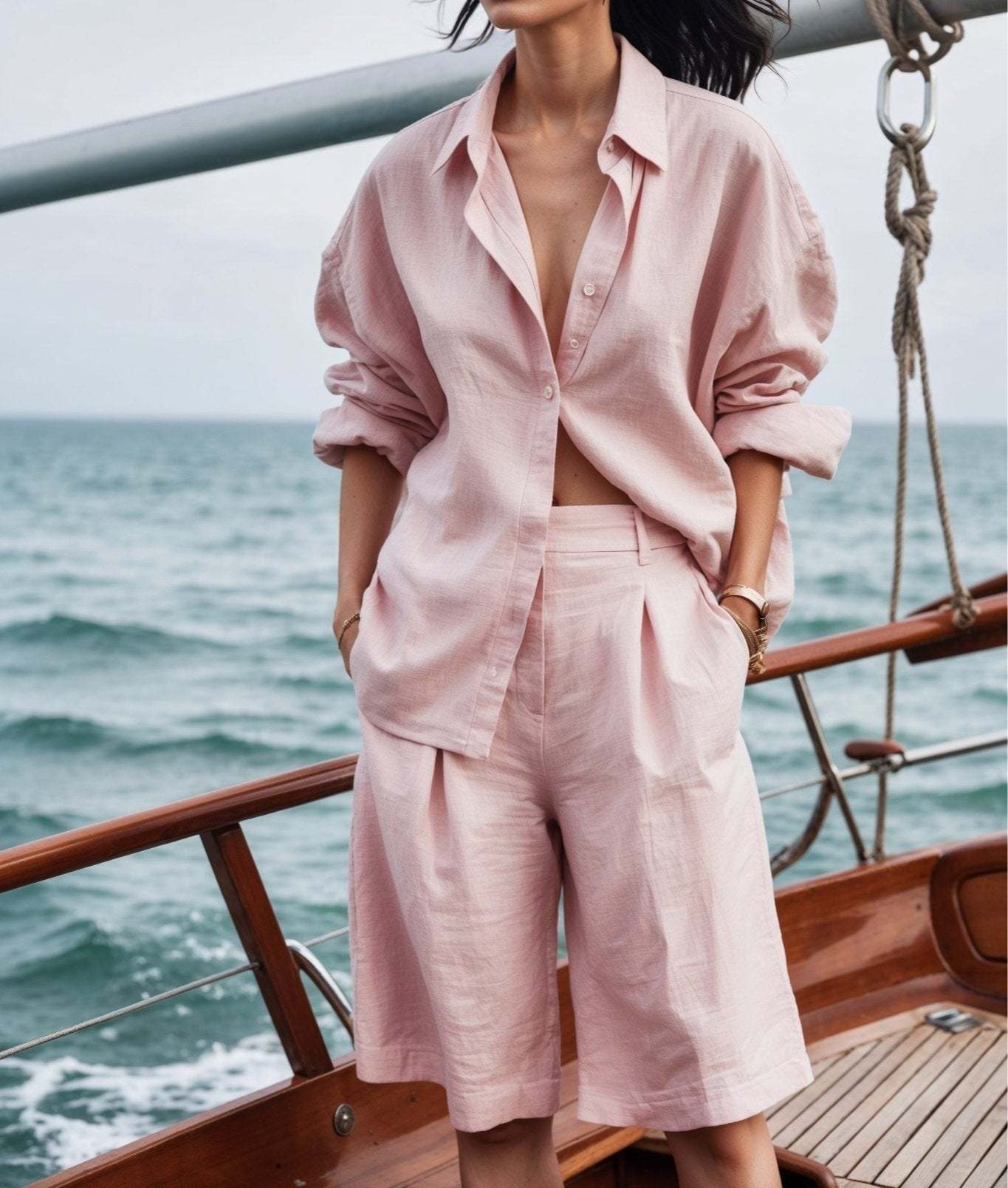 Long-sleeved Shirt Wide-leg Shorts Cotton and Linen Suit