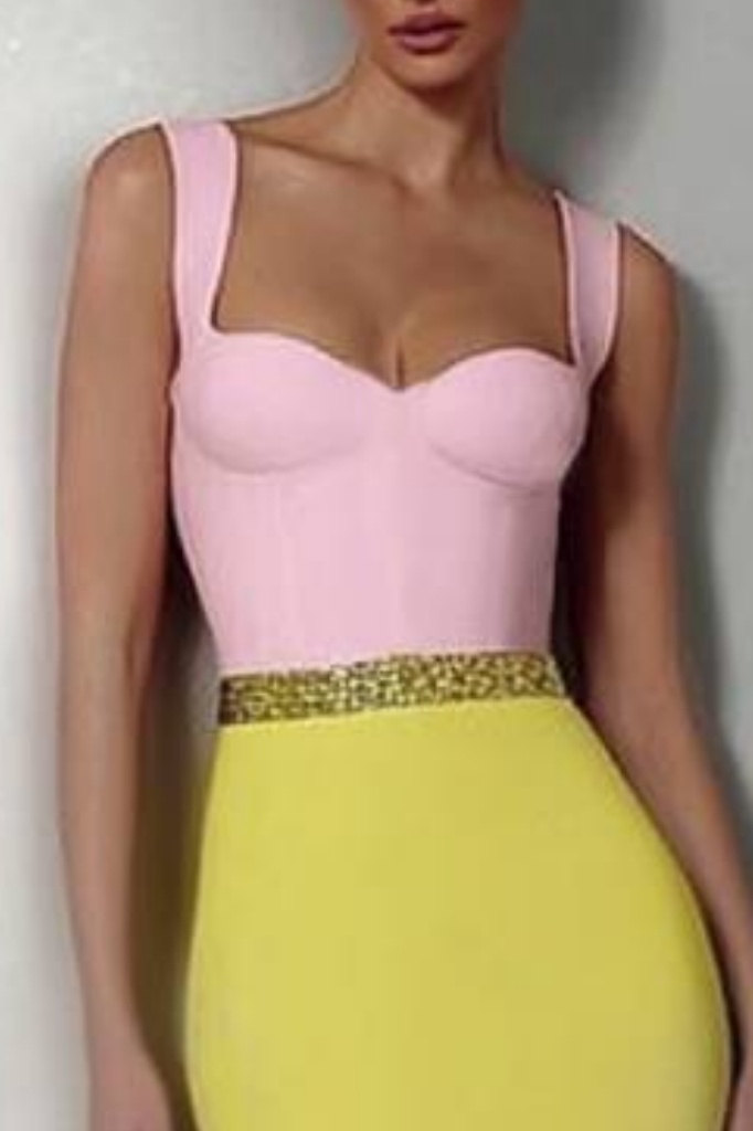 Formal ​Evening Dress Yellow Wide Strape Colorblock Maxi Mermaid Dress