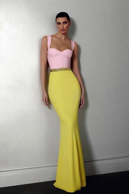 Formal ​Evening Dress Yellow Wide Strape Colorblock Maxi Mermaid Dress